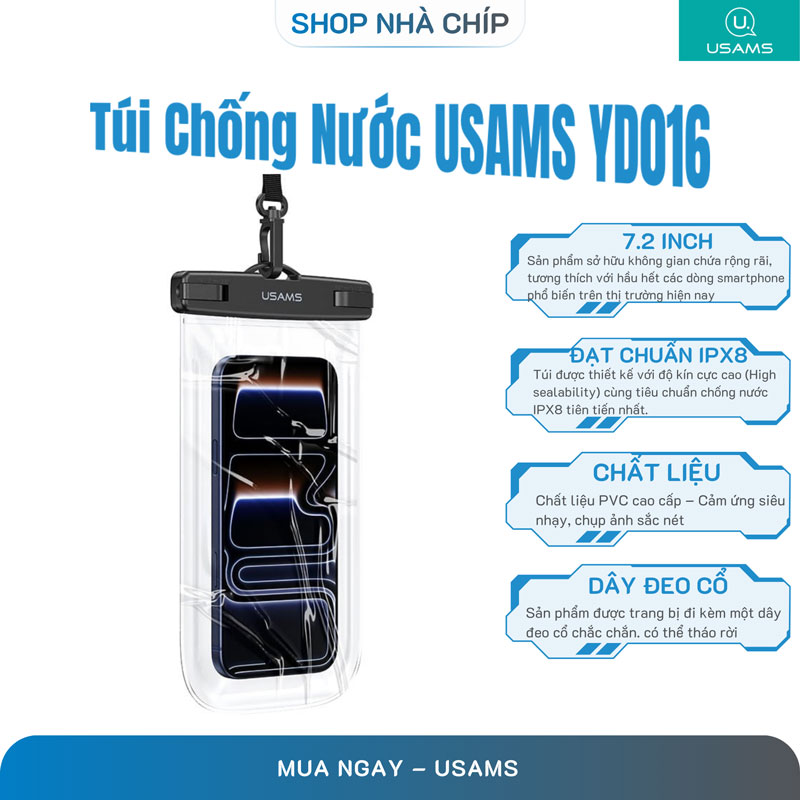 Túi Chống Nước Điện Thoại USAMS YD016 IPX8 7.2 Inch Đi Biển, Đi Bơi Chống Nước Tuyệt Đối, Có Dây Đeo Tháo Rời - Hàng Chính Hãng