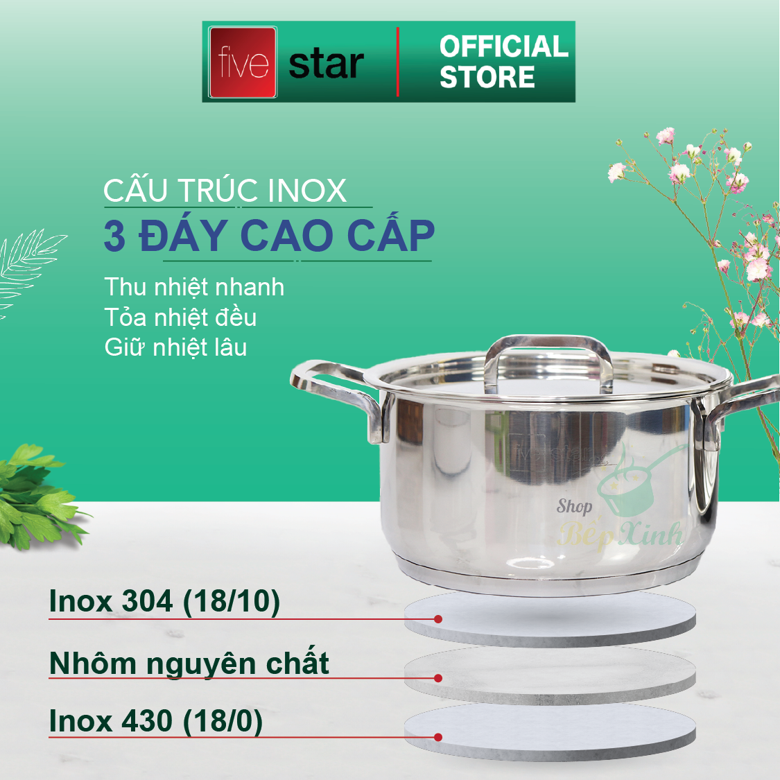 Bộ Nồi Xửng Hấp Inox 304 Fivestar (20cm)