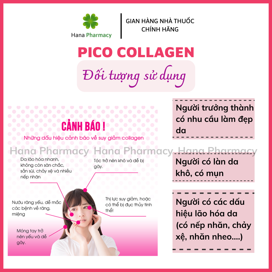 PICO COLLAGEN với collagen kích thước siêu nhỏ, hyaluronic acid, sữa ong chúa, chiết xuất nhau thai giúp tăng đàn hồi và độ ẩm, ngừa mụn, làm chậm lão hóa da, giúp da căng mịn