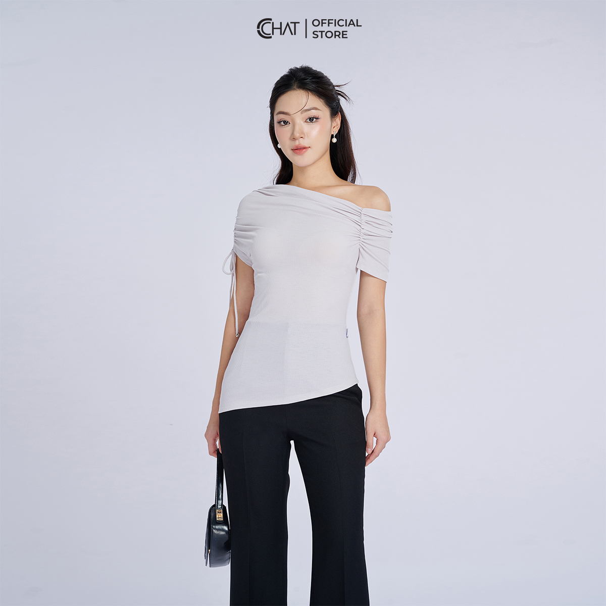 Áo Thun Dáng Ôm Nhún Lệch Vai Dây Chất Vải Mềm Mịn Co Giãn 4 Chiều 53TNC2044OT