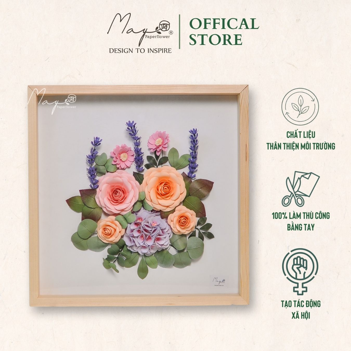 Tranh hoa giấy handmade trang trí cao cấp SNAPSHOT Giverny 40x40 cm - Maypaperflower Hoa giấy nghệ thuật