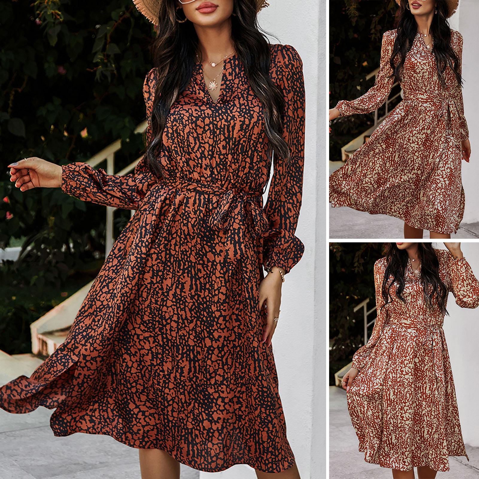 Women Leopard Dress Long Sleeve V Neck Belted High Waist Side Slit Spring Summer Casual Dresses