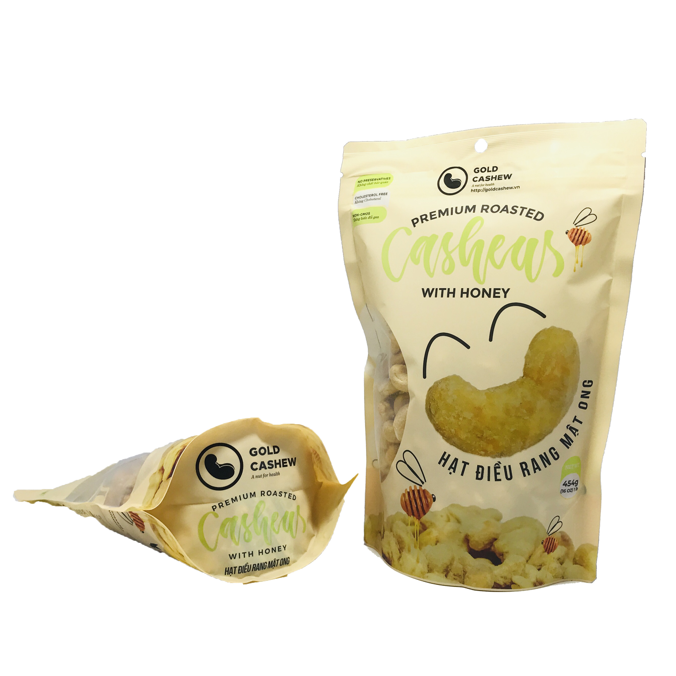 Hạt Điều Rang Mật Ong Cao Cấp Gold Cashew (Gói 454g) - Premium Roasted Cashew With Honey, Chuẩn hạt điều size WW240, Công nghệ rang không dầu và muối tinh thể, Không chất bảo quản, Không Cholesterol