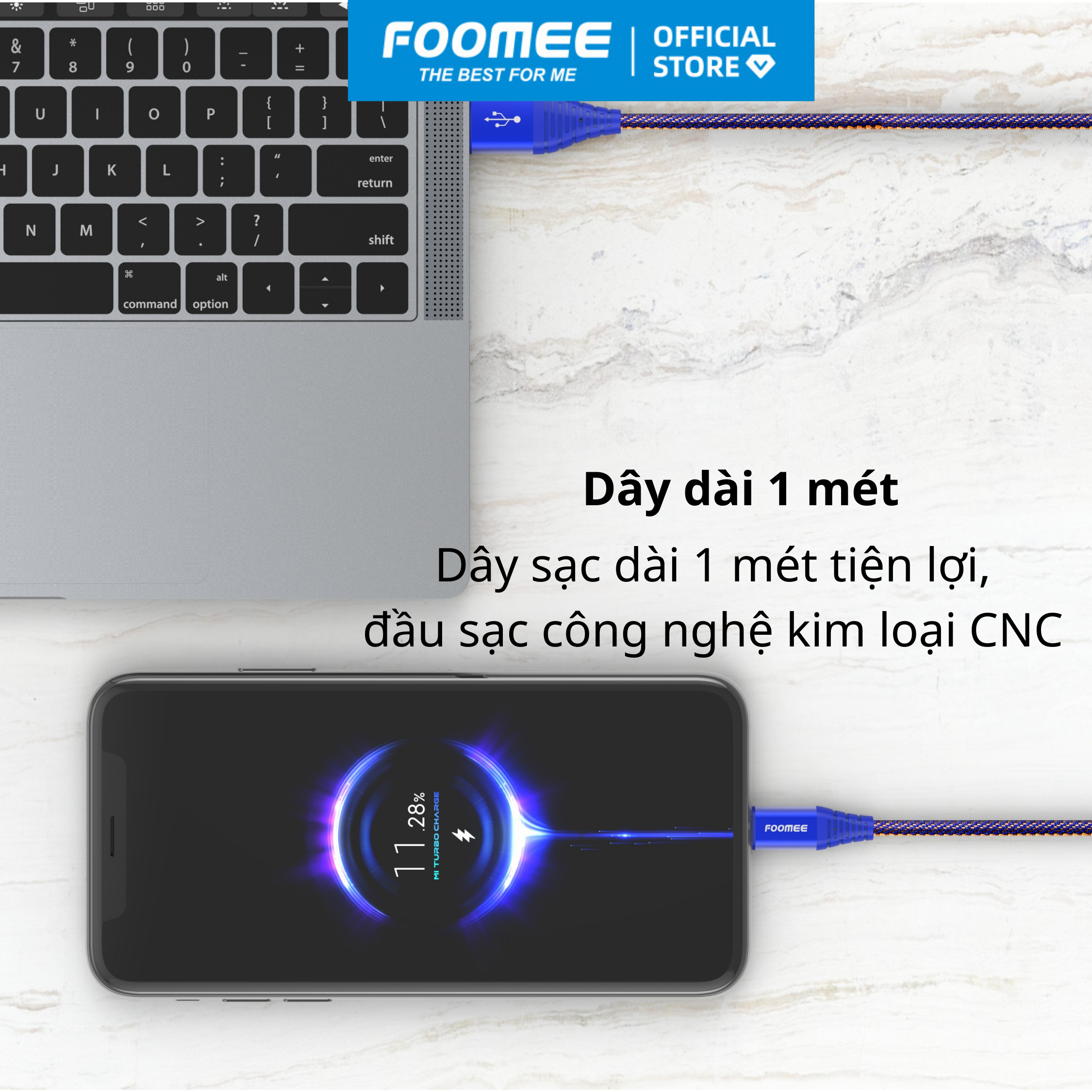 Dây Cáp Sạc Nhanh 2.4A TYPE-C FOOMEE NJ10s -Sợi Nylon Đan 2 Màu Siêu Bền Chống Đứt  Dài 1m - Màu Xanh Dương - Hàng Chính Hãng