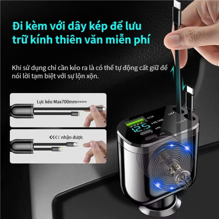 Tẩu Sạjc Ô Tô Siêu Bền 120W – 4-in-1 Sạc Cực Nhanh, Màn Hình Hiển Thị Vôn, đèn trang trí