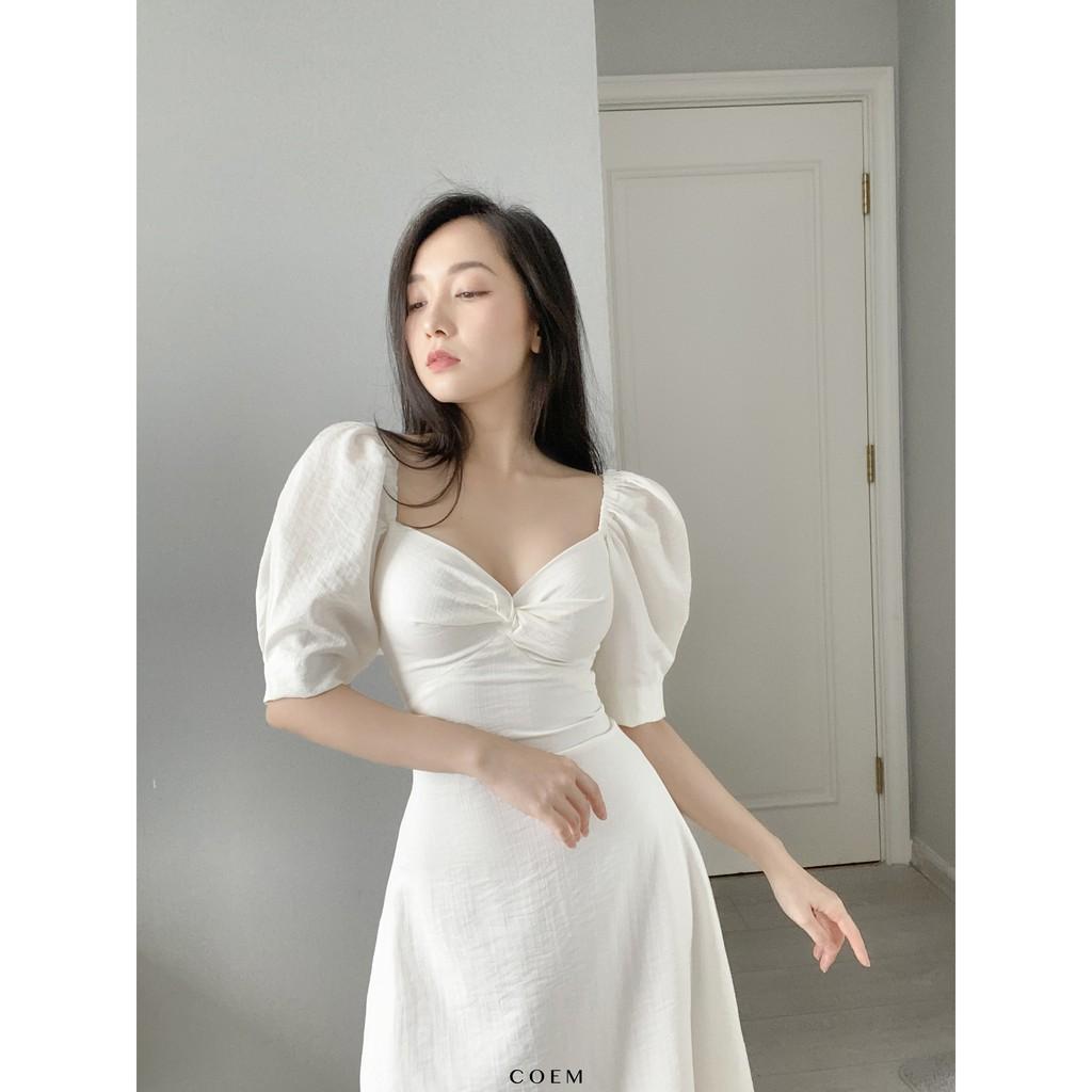 Đầm Dáng Dài Cup Ngực Cách Điệu Tay Phồng Màu Trắng Chât Liệu Linen Cao Cấp CO EM Thiết Kế Phù Hợp Mọi Lúc Mọi Nơi
