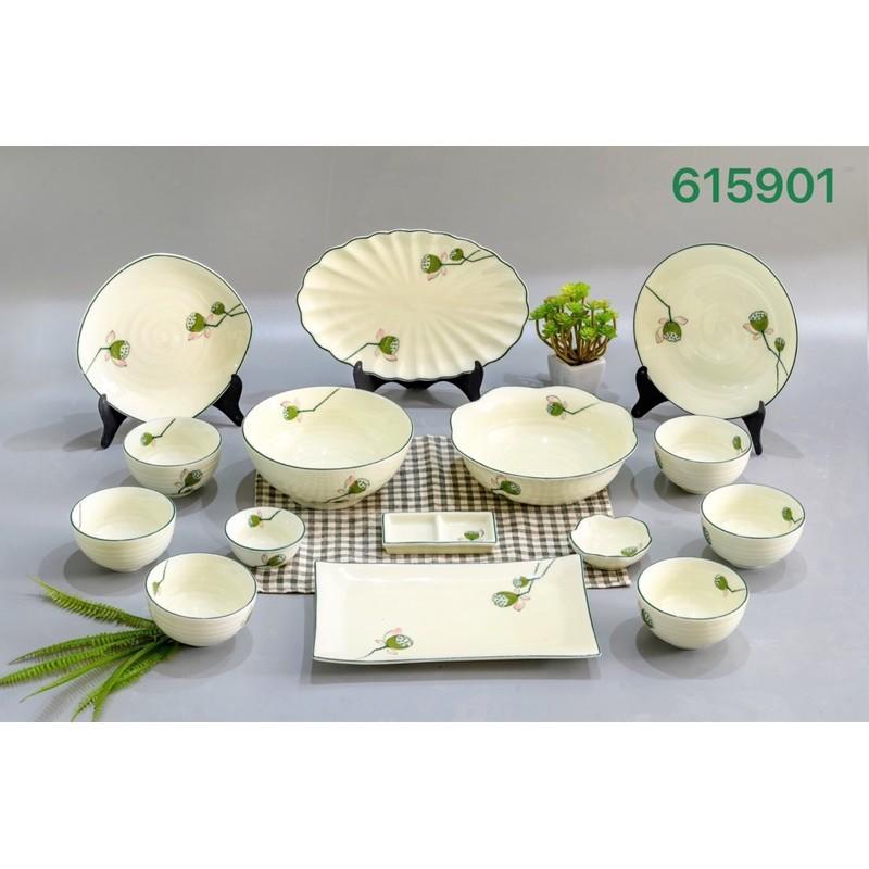 Set bộ bát đĩa họa tiết hoa- đài sen. Gốm sứ Bát Tràng.