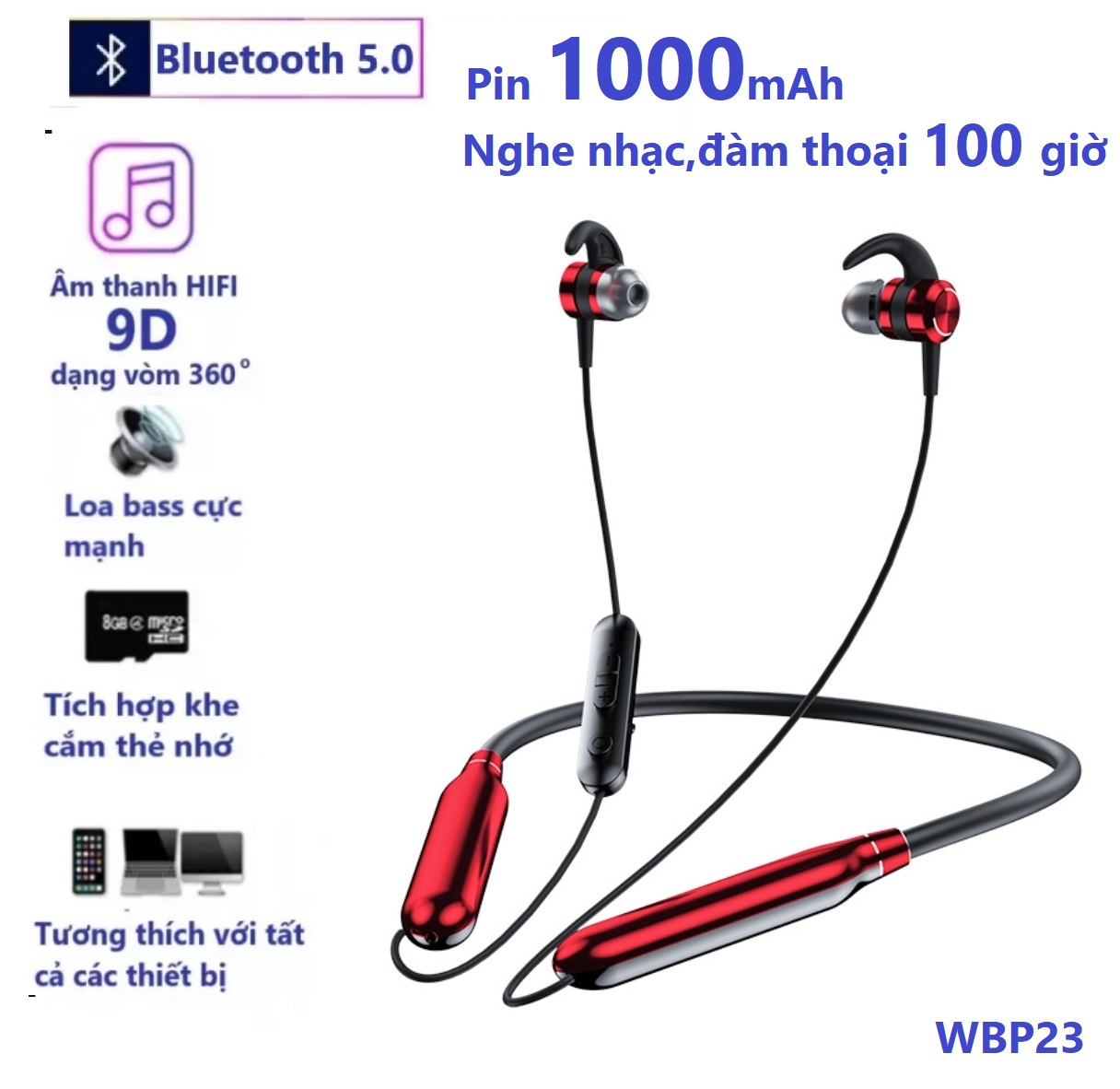 Tai Nghe Bluetooth 5.0 WBP23 Pin 1000mAh, Âm Thanh Hifi - Stereo , Nghe Nhạc Và Đàm Thoại Liên Tục Từ 80 Giờ Đến 100 Giờ Tùy Theo Mức ÂM Lượng, Hỗ Trợ Khe Lắp Thẻ Nhớ ,Chức Năn Siri.