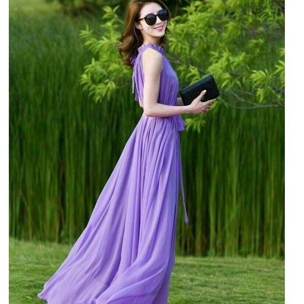 Đầm Maxi Dài Cột Nơ Eo Cổ Yếm Xếp Ly Thời Trang Nữ