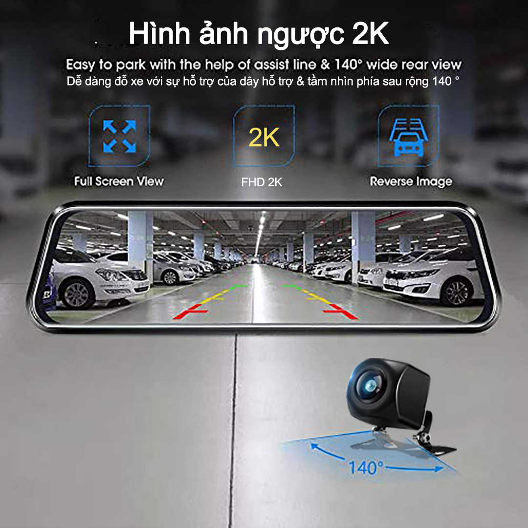 Camera sau trên gương chiếu hậu Full 2K với màn hình cảm ứng 12 inch IPS Gương Dash Cam