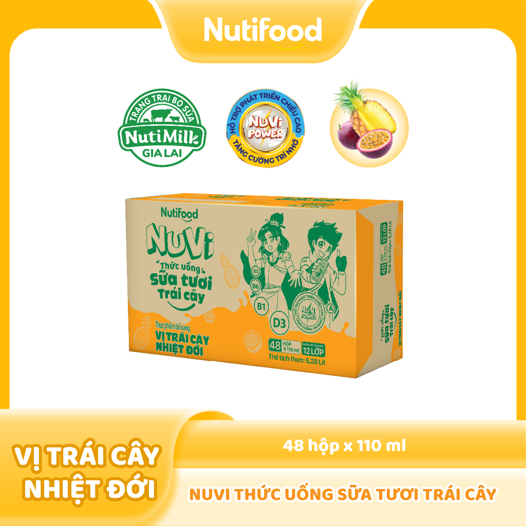 Thùng 48 hộp Thức Uống Sữa Tươi Trái Cây Tươi Nuvi Vị Nhiệt đới 110ml - Tăng Cường Chiều Cao, Phát Triển Trí Não