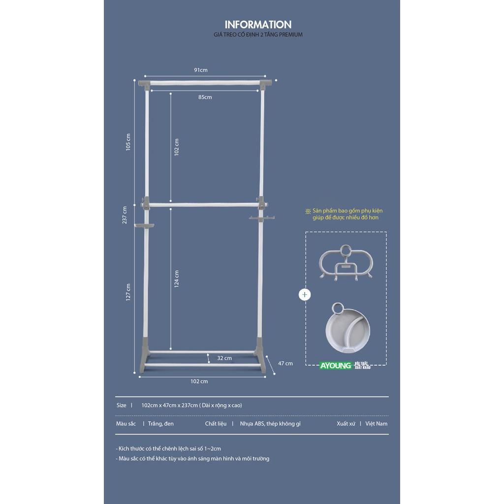 Giá treo quần áo cao cấp  Ollyhome lắp ráp dễ dàng thép không gỉ chịu lực 120kg chắc chắn có khay phụ tiện lợi - Giá phơi quần áo Kệ treo đồ Hàn Quốc