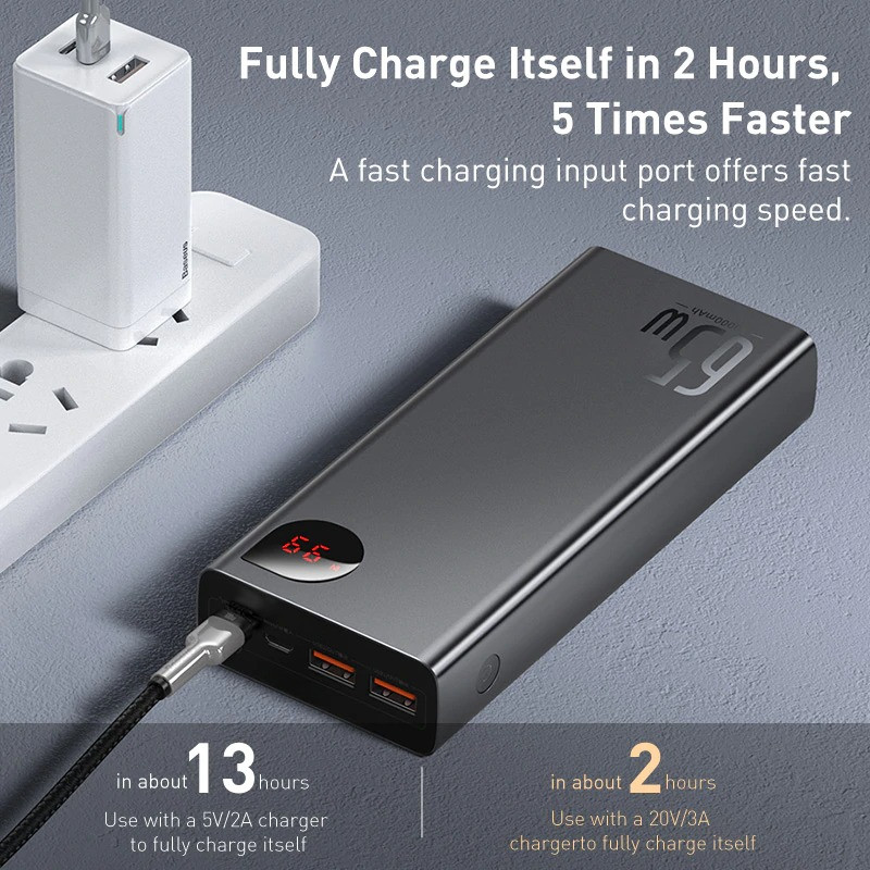 (Tặng cáp dữ liệu vòng tua USB-Lightning) Pin sạc dự phòng Baseus công suất 65W, dung lượng 20000mAh màn hình LED hiển thị, thiết kế vỏ kim loại sang trọng - phân phối chính hãng tại Baseus Việt Nam - Màu Đen