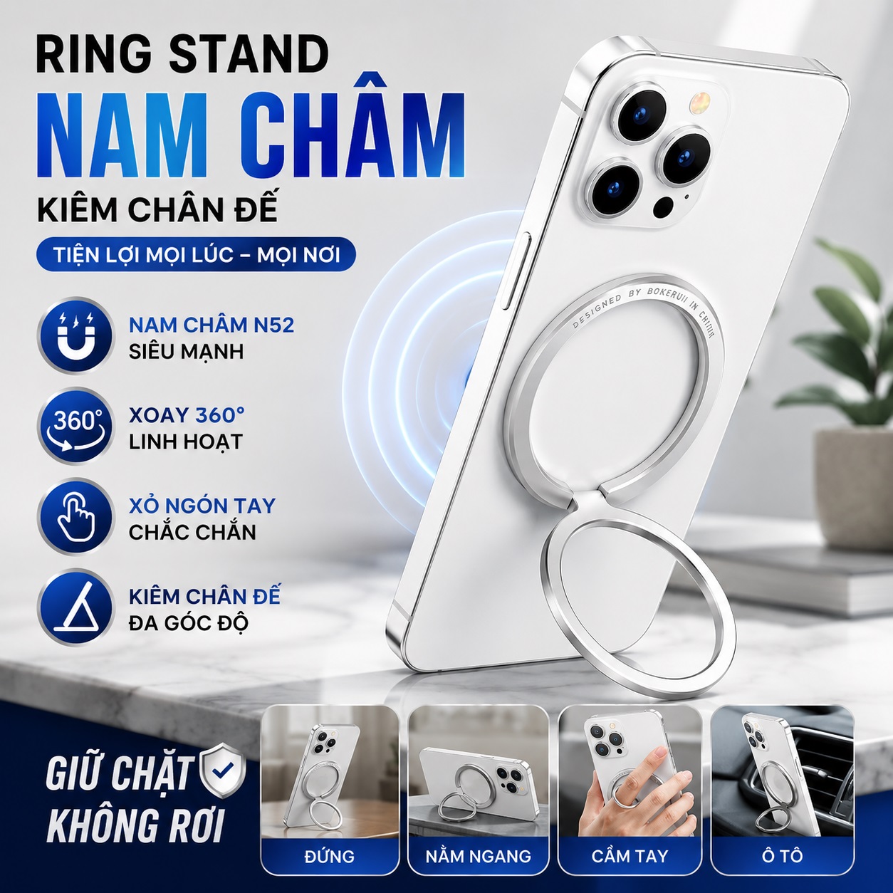 Giá đỡ Ring holder vòng Ring nam châm N52 kiêm chân đế gập 180 độ HOTCASE iRing Finger cho iPhone 18 17 16 15 14 13 12 - Kiêm Chân Đế Gập 180° – Xỏ Ngón Chống Rơi – Dựng Dọc Ngang – Siêu Mỏng - Hàng nhập khẩu