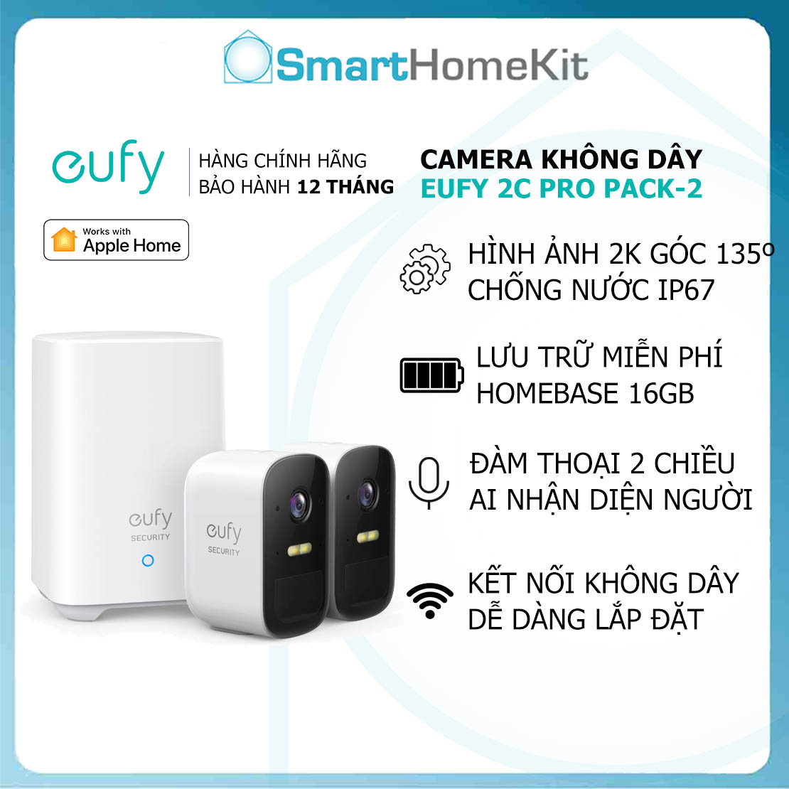 Bộ 2 camera an ninh Eufy Cam 2C Pro (2 Kit) 2K T88611D1 Chống nước chuẩn IP67 Tích hợp đèn Spotlight chiếu đêm - Hàng Chính Hãng