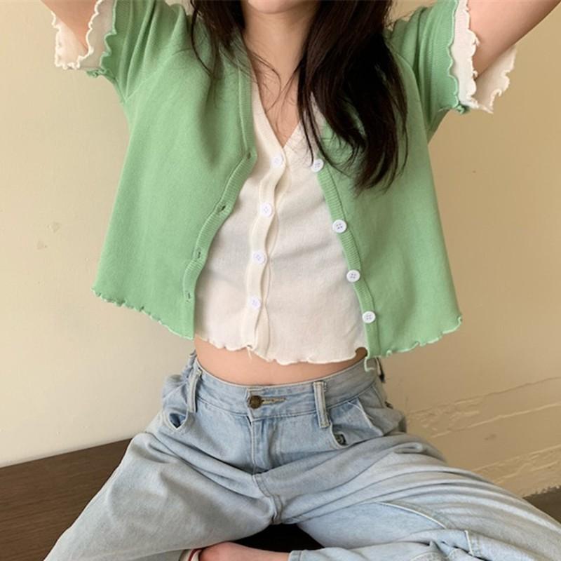 Áo Khoác Cardigan Dệt Kim Cổ Chữ V Màu Trơn Thời Trang Mùa Hè Cho Nữ