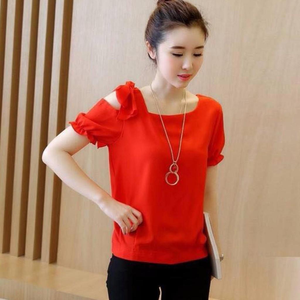 Áo công sở tay rớt đính nơ vai trắng