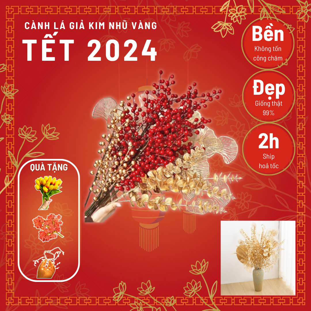 Cành Rẻ Quạt, Đuôi Công nhũ vàng ,Cành đào đông đỏ cành quả cherry trang trí nội thất