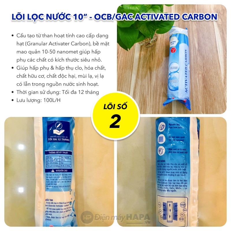 Lõi Lọc OCB GAC UDF Activated Carbon 10 inch - Bộ Lõi Lọc Thô 123 10in Lõi Số 2 - Hàng Chất Lượng - Lõi Dùng Cho Tất Cả Dòng Máy Lọc Nước RO Karofi Sunhouse Kangaroo Daikiosan Toshiba Ava Mutosi Prowatech AquaYaki Aqualife Vithaco