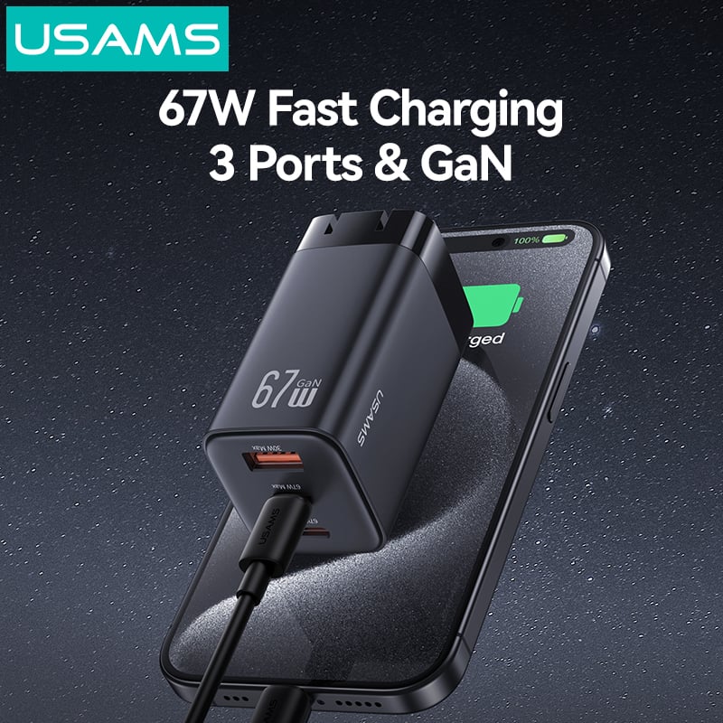 Củ Sạc Nhanh 67W 2C+A USAMS CC272 (GaN Charger, 3 Port, CC272 chân dẹp) Hàng Chính Hãng