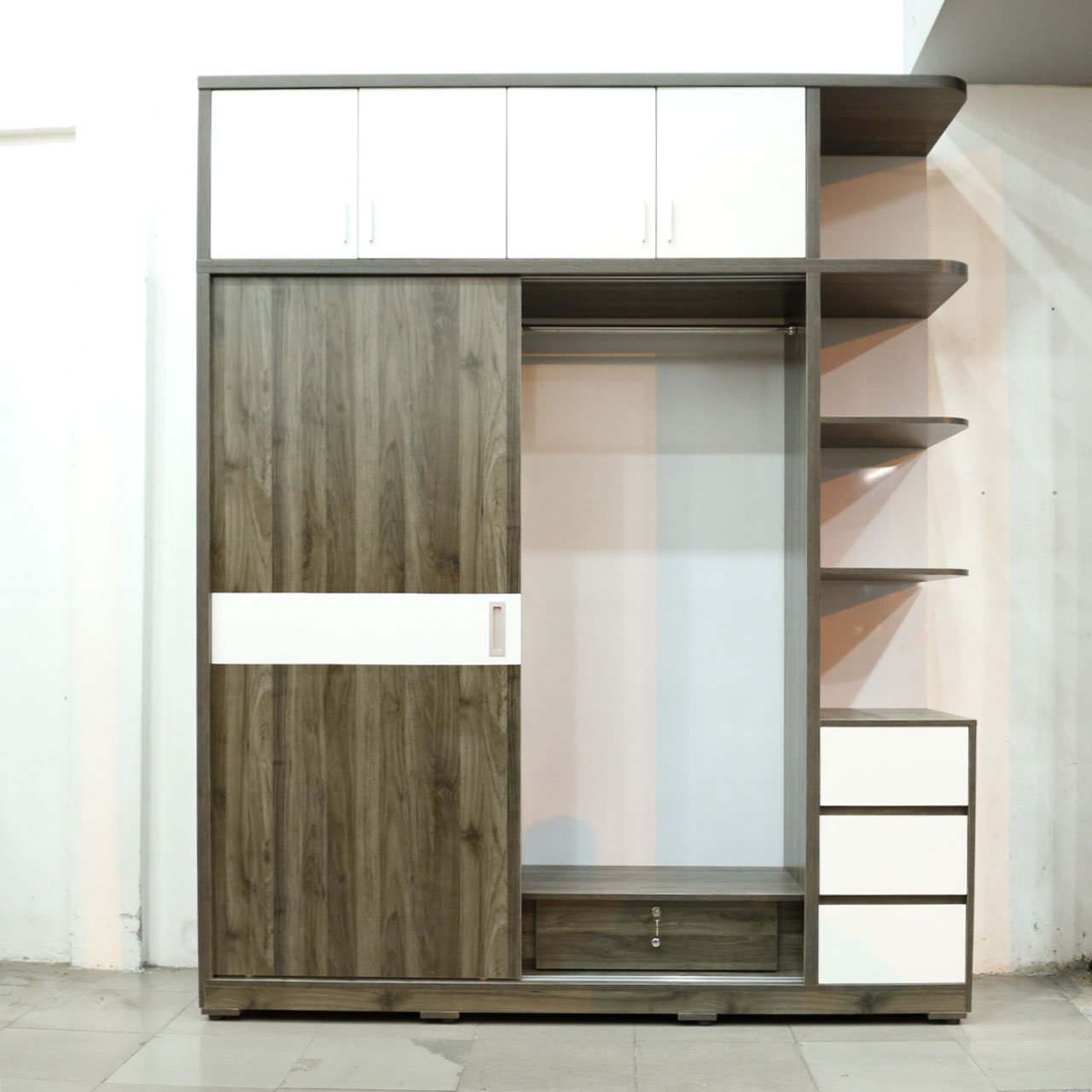 Tủ Áo Lùa Kịch Trần Gỗ MDF Melamine Màu Xám Rêu Chỉ Trắng Cao Cấp Viva