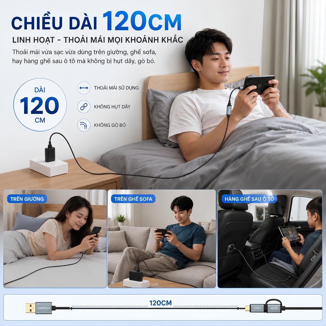 Dây sạc nhanh USB-A to Type-C + Micro USB Choetech XAC0012 Dài 120CM, Sạc Nhanh 3A, Chip Sạc Thông Minh, Truyền Dữ Liệu 480Mbps, Tương Thích Nhiều Thiết Bị - Hàng nhập khẩu