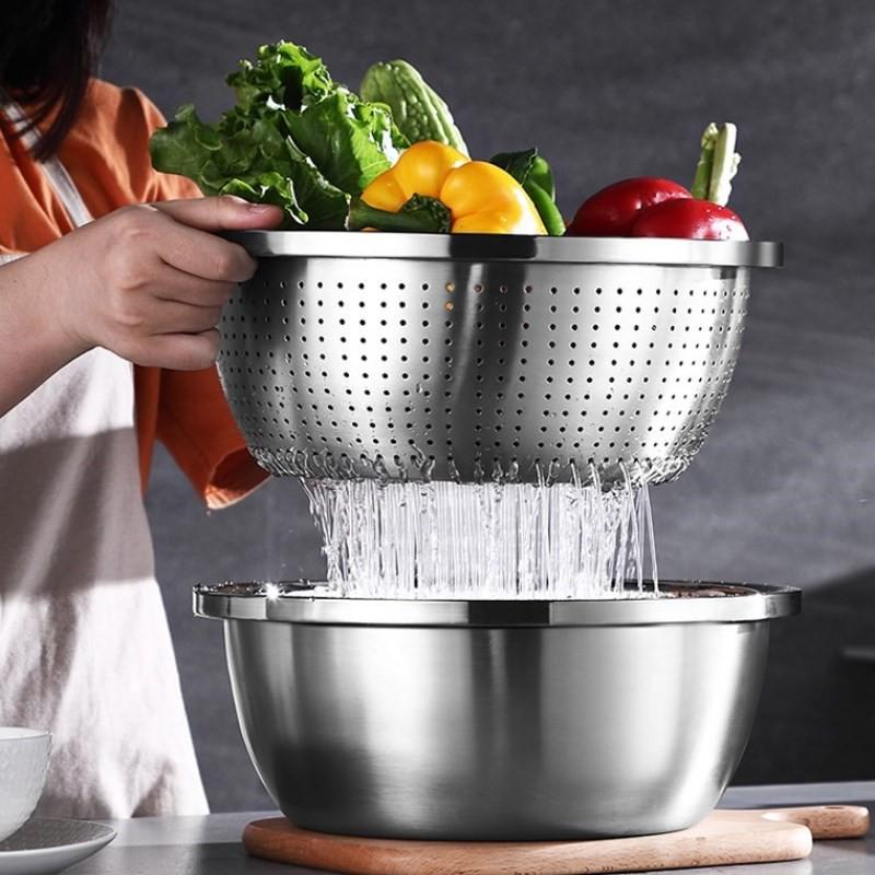 Bộ 3 Món Bào Nạo Rau Củ Kiêm Rổ Và Chậu Inox Cao Cấp Tiện Lợi