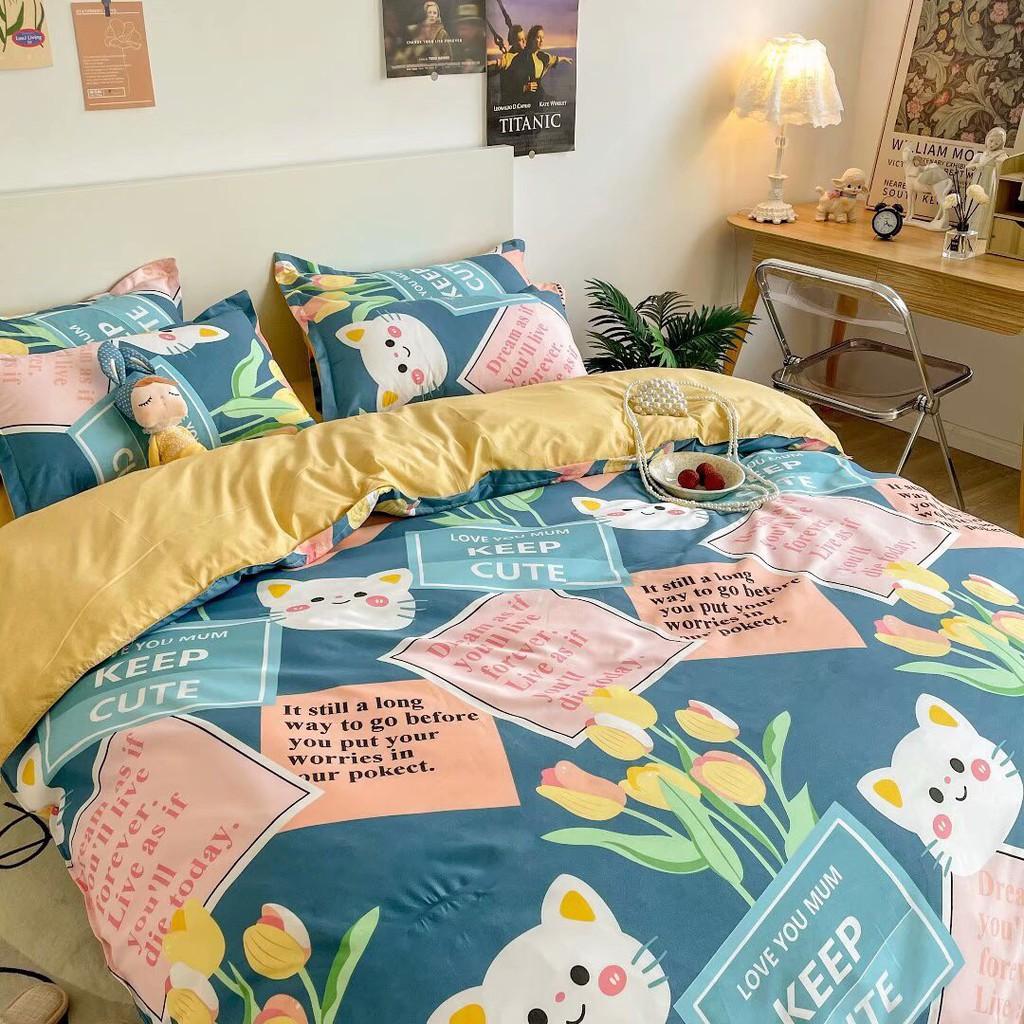 Bộ chăn ga gối Cotton Poly Minh Nhật Mèo hoa, vỏ chăn mền, drap giường và 2 vỏ gối