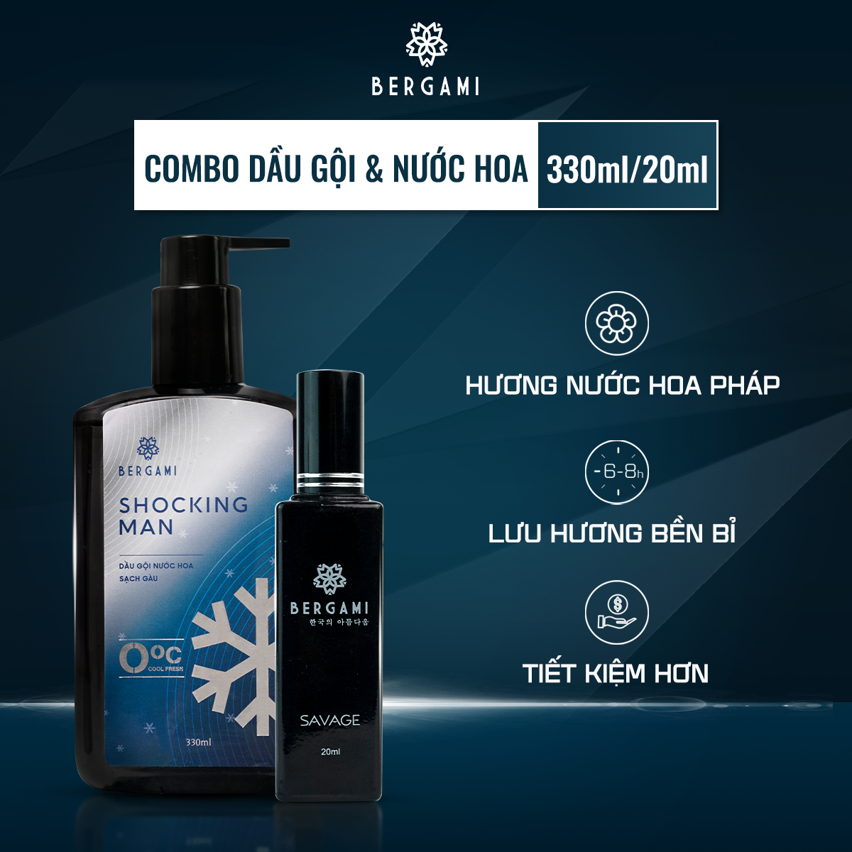 Combo Dầu gội Nam hương nước hoa cao cấp và nước hoa nam Bergami chính hãng mê hoặc XẠ HƯƠNG 330ml, 35ml