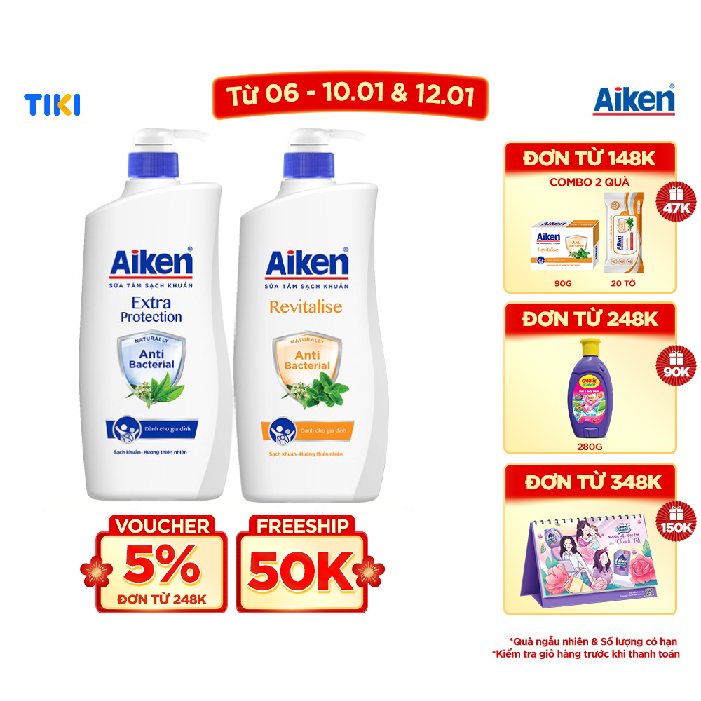 Combo 2 Sữa Tắm Sạch Khuẩn Aiken 850g Chiết Xuất Bạc Hà và Trà Xanh Thiên Nhiên