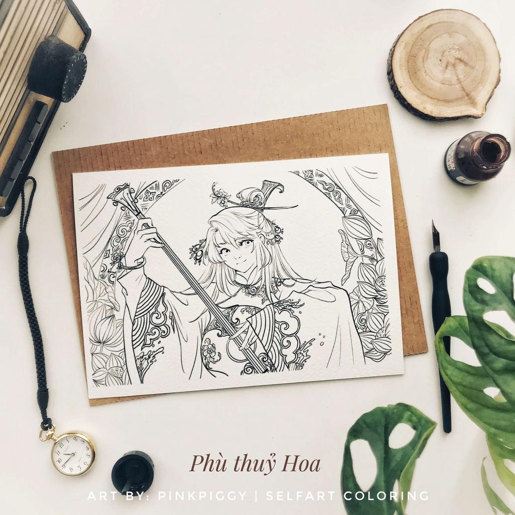 Thiệp tô màu &quot;Phù thủy hoa&quot; - 4 tranh bởi @hoathuhong, selfart, coldpress, 300gsm