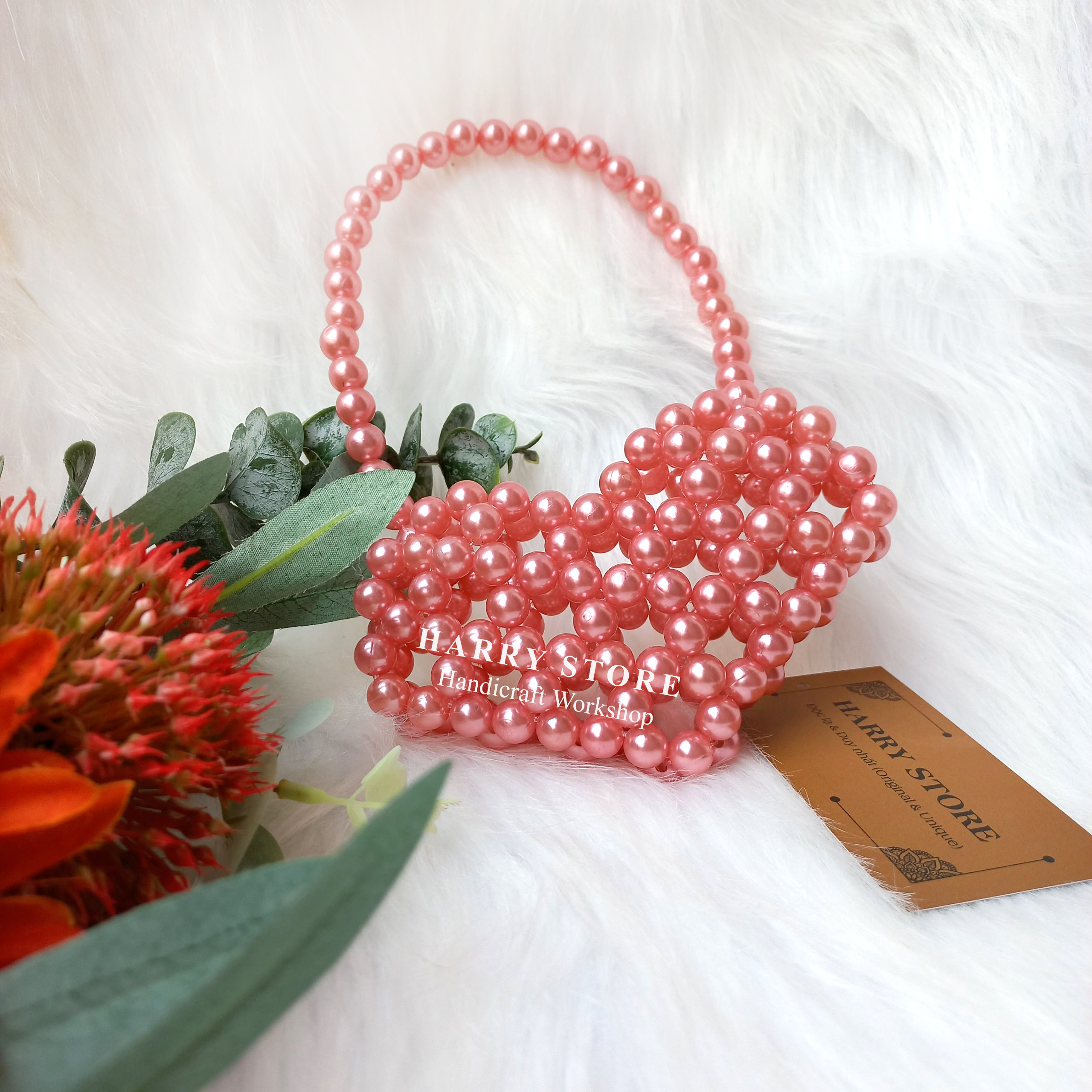 Túi cườm handmade kết ngọc trai hình trái tim đáng yêu HRRE-HN