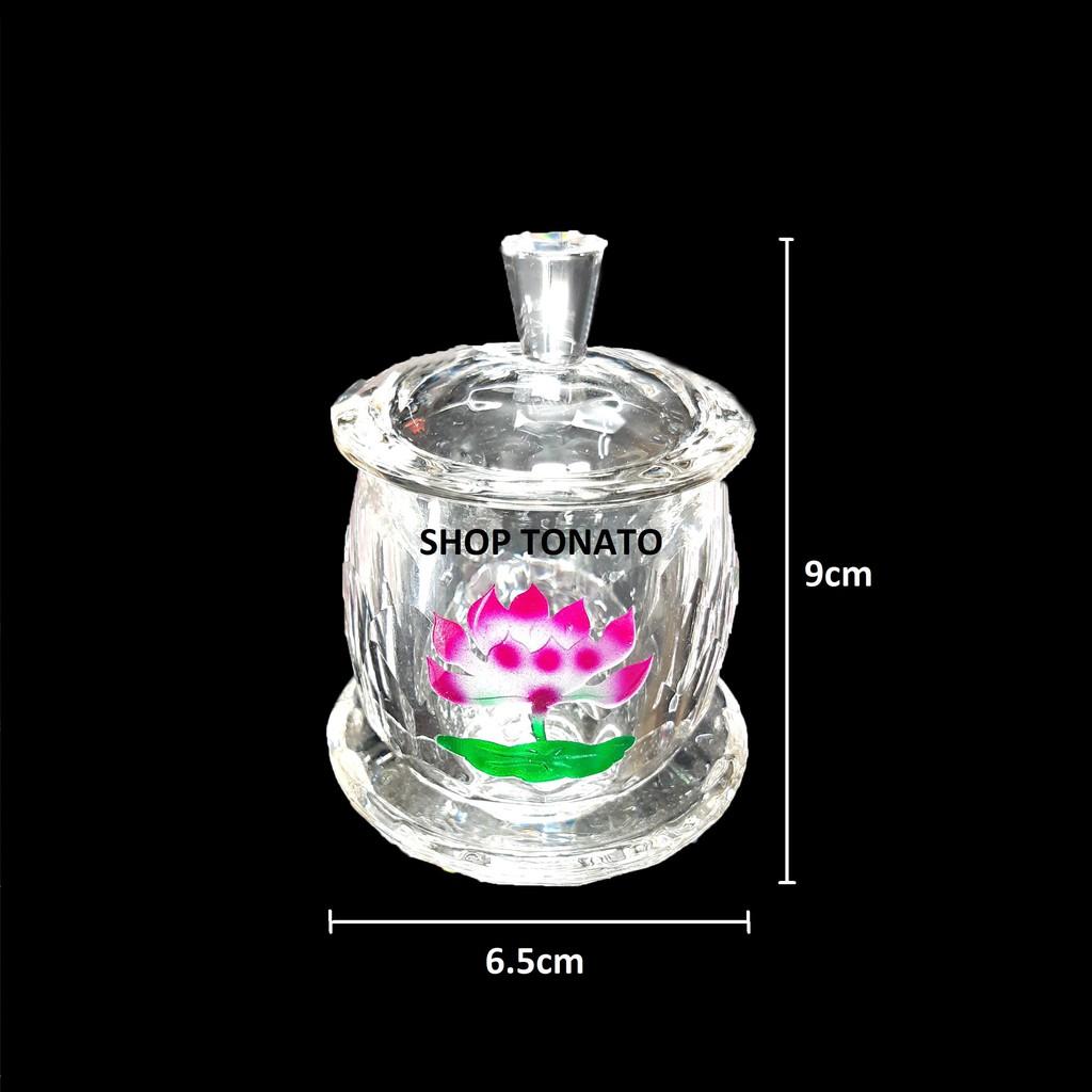 CHUNG NẮP THỜ CÚNG THỦY TINH BÔNG SEN C CAO 9CM,10CM