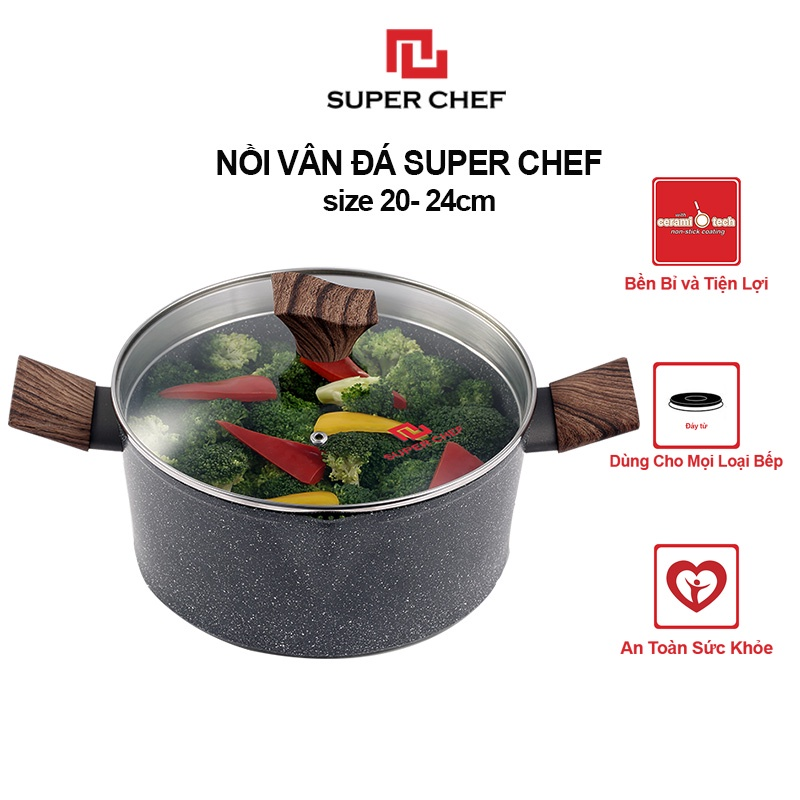 Nồi Vân Đá Đáy Từ Super Chef Đáy 5 Lớp Chống Dính Tốt, Nấu Nhanh, Chín Đều Thơm Ngon, Siêu Bền Bỉ Không Bong Tróc, Hạn Chế Trầy ( Size 20-24cm