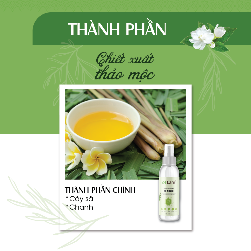 Xịt Phòng Tinh Dầu Hữu Cơ Organic 24Care - Kháng khuẩn - Khử mùi hôi - Đuổi muỗi, kiến ba khoan - côn trùng - Hương thơm thư giãn.