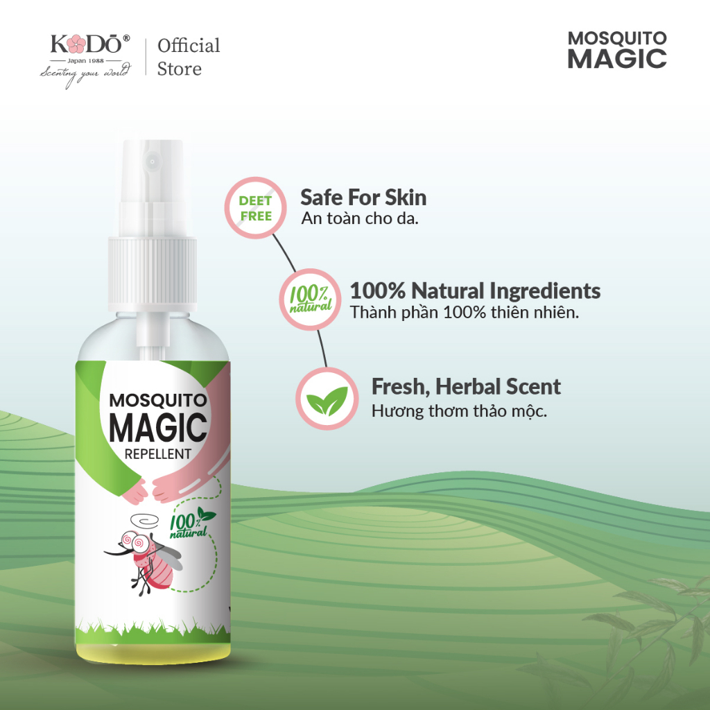 Kodo Mosquito Magic - Chai Xịt Đuổi Muỗi 50ml Toàn Thân Mùi Hương Thiên Nhiên An Toàn Cho Da