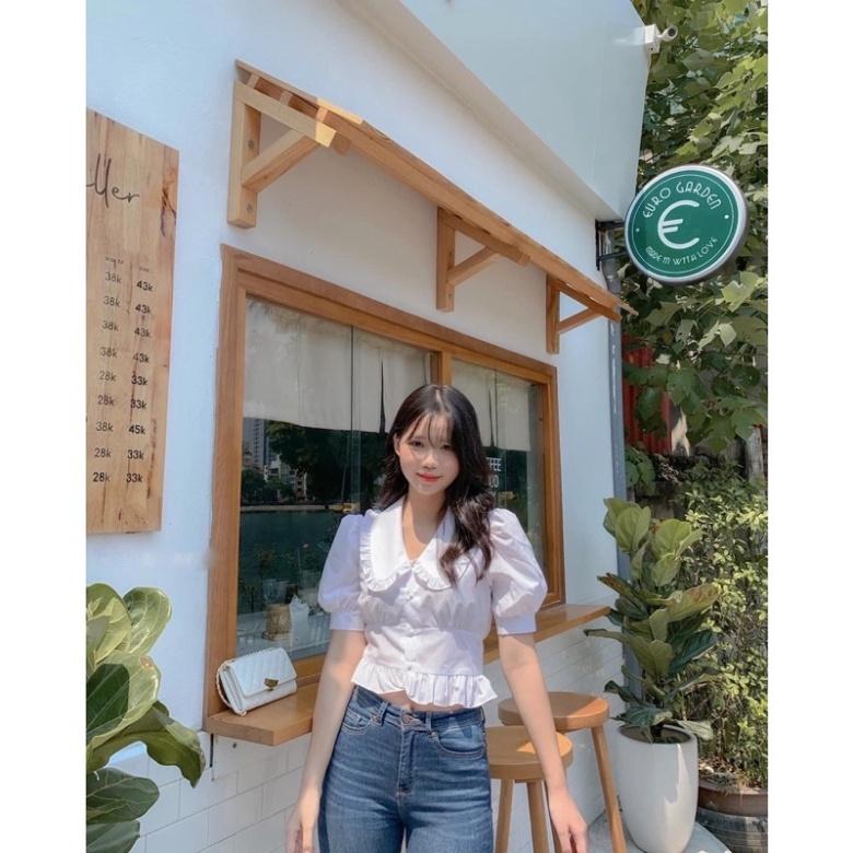 Áo sơ mi cộc tay thiết kế kiểu phong cách nhẹ nhàng cổ tròn_087 chất đẹp mầu trắng đen deal tốt