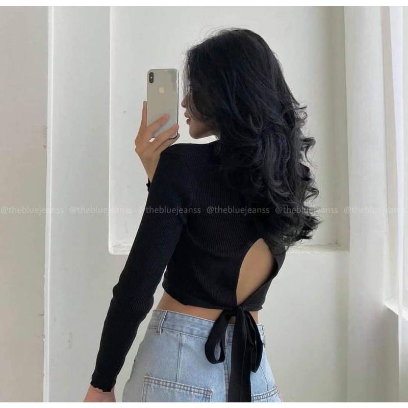 Áo croptop tay dài hở lưng buộc nơ trắng đen