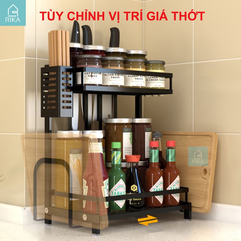 Kệ gia vị đa năng đăng thông minh nhà bếp RIKA KDN-05 thép carbon sơn đen tích điện 2 tầng 3 tầng kèm ống để giao thớt ống đũa