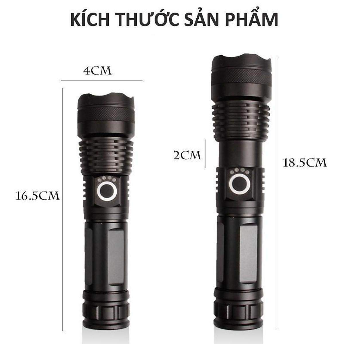 Đèn pin siêu sáng XHP50 bản cao cấp đèn led chiếu xa chống nước, chiếu xa 300m, sạc pin tiện lợi Độ sáng 1800 lumens