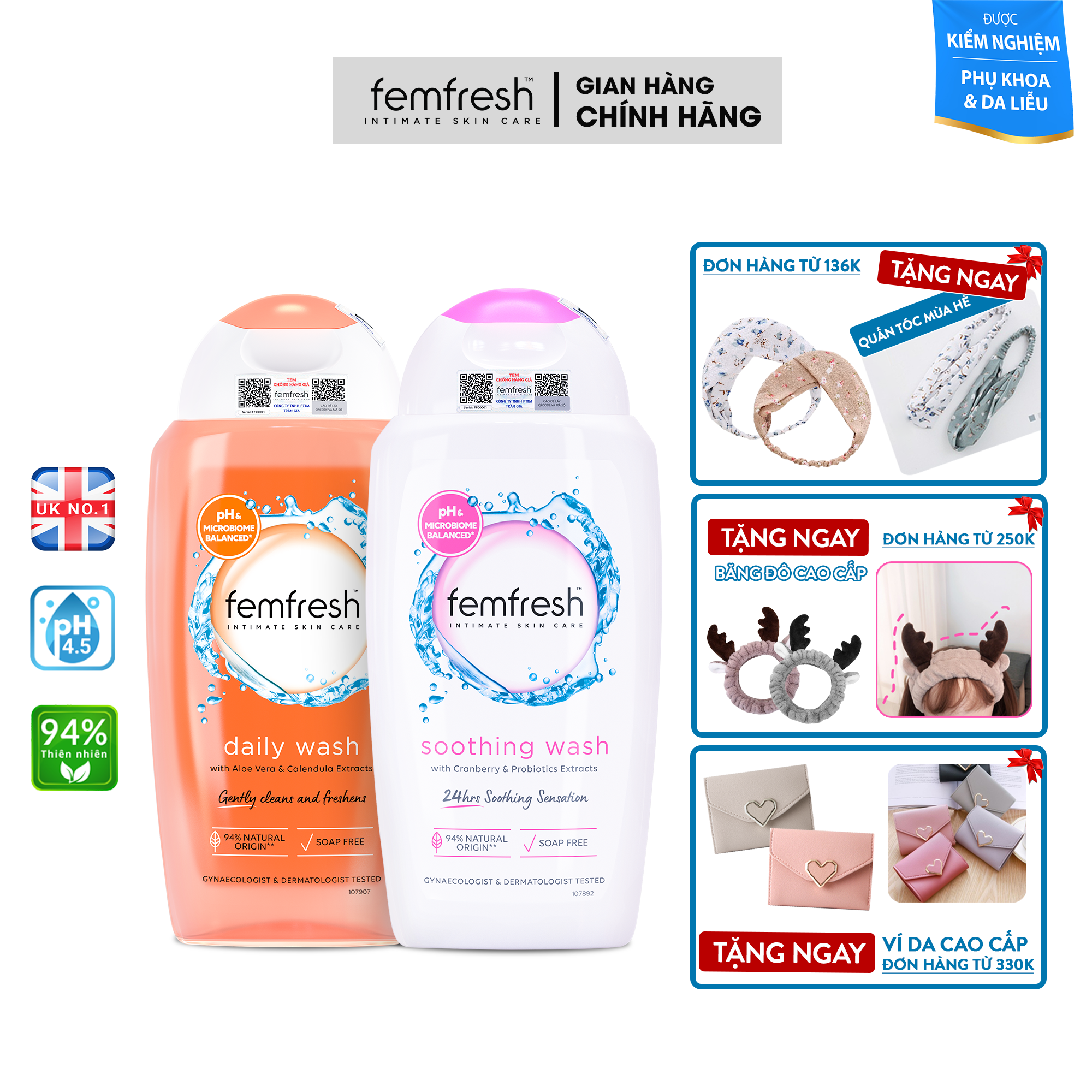 COMBO Dung Dịch Vệ Sinh Phụ Nữ Femfresh Soothing Wash + Femfresh Daily Intimate Wash 250ml