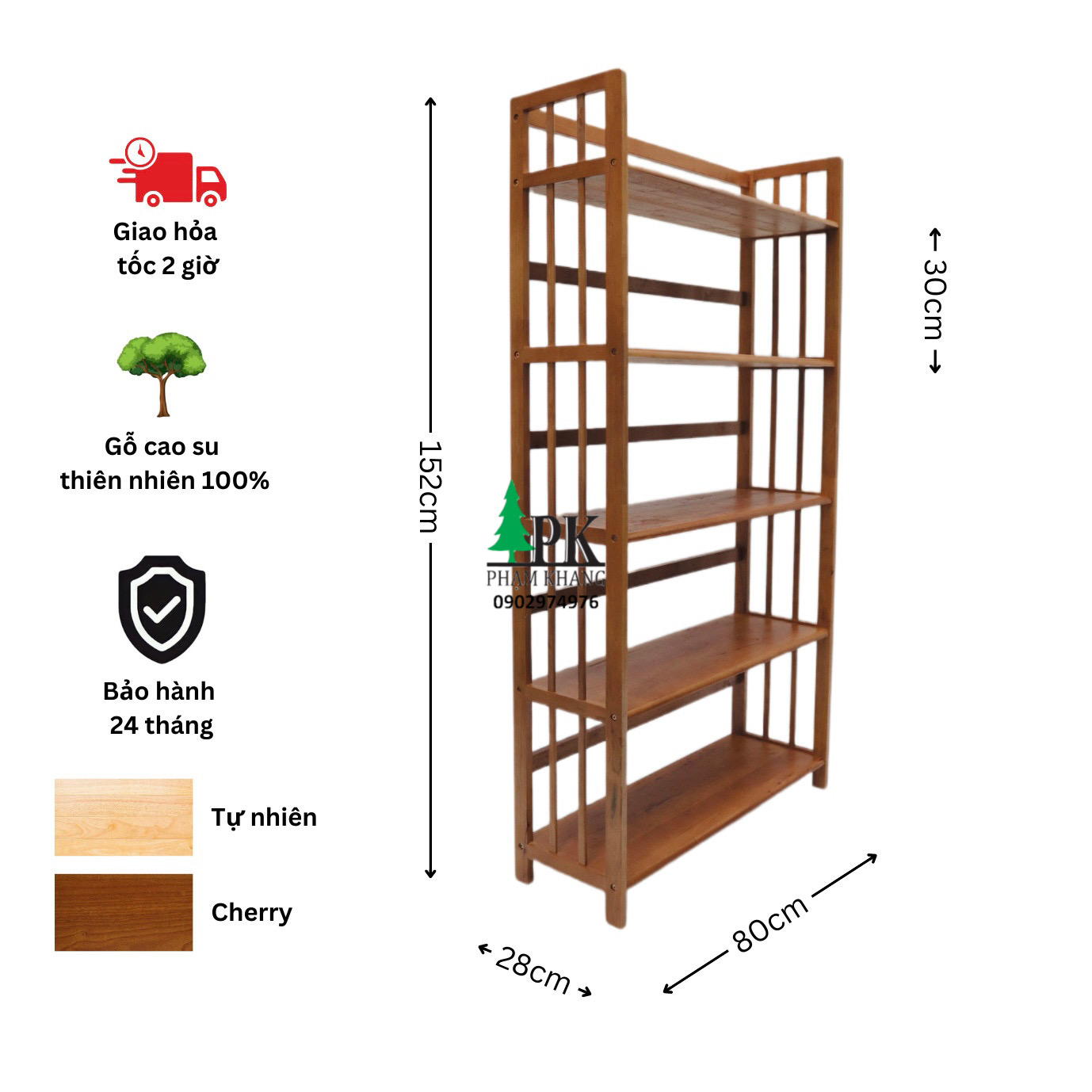 Kệ sách gỗ Phạm Khang 5 tầng rộng 80cm màu vàng cherry