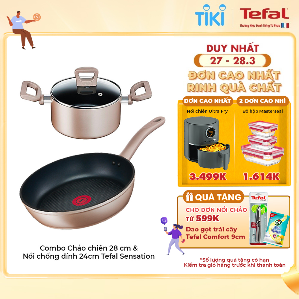 Combo Chảo chiên Tefal Sensation H9100614 28 cm & Nồi chống dính Tefal Sensation H9104614 24cm - Cảnh báo nhiệt - Dùng cho mọi loại bếp - Hàng chính hãng