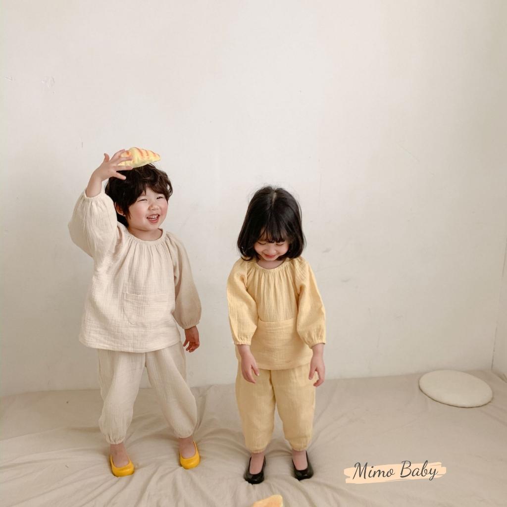 Bộ quần áo dài tay vải xô muslin cao cấp phối túi bụng đáng yêu cho bé QA42 Mimo Baby