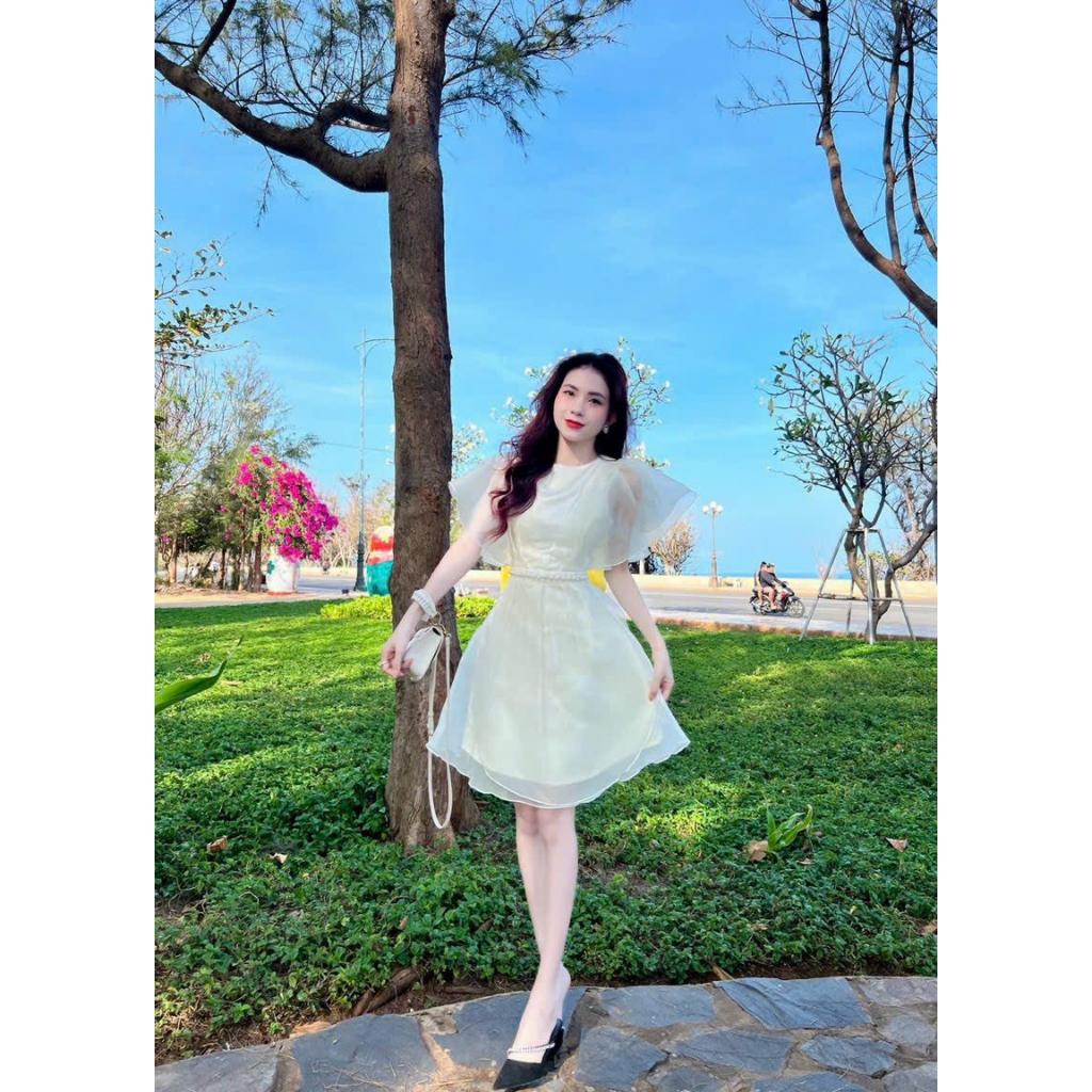 Váy đầm nữ tiểu thư dáng xòe cánh tiên đính cườm eo xinh xắn