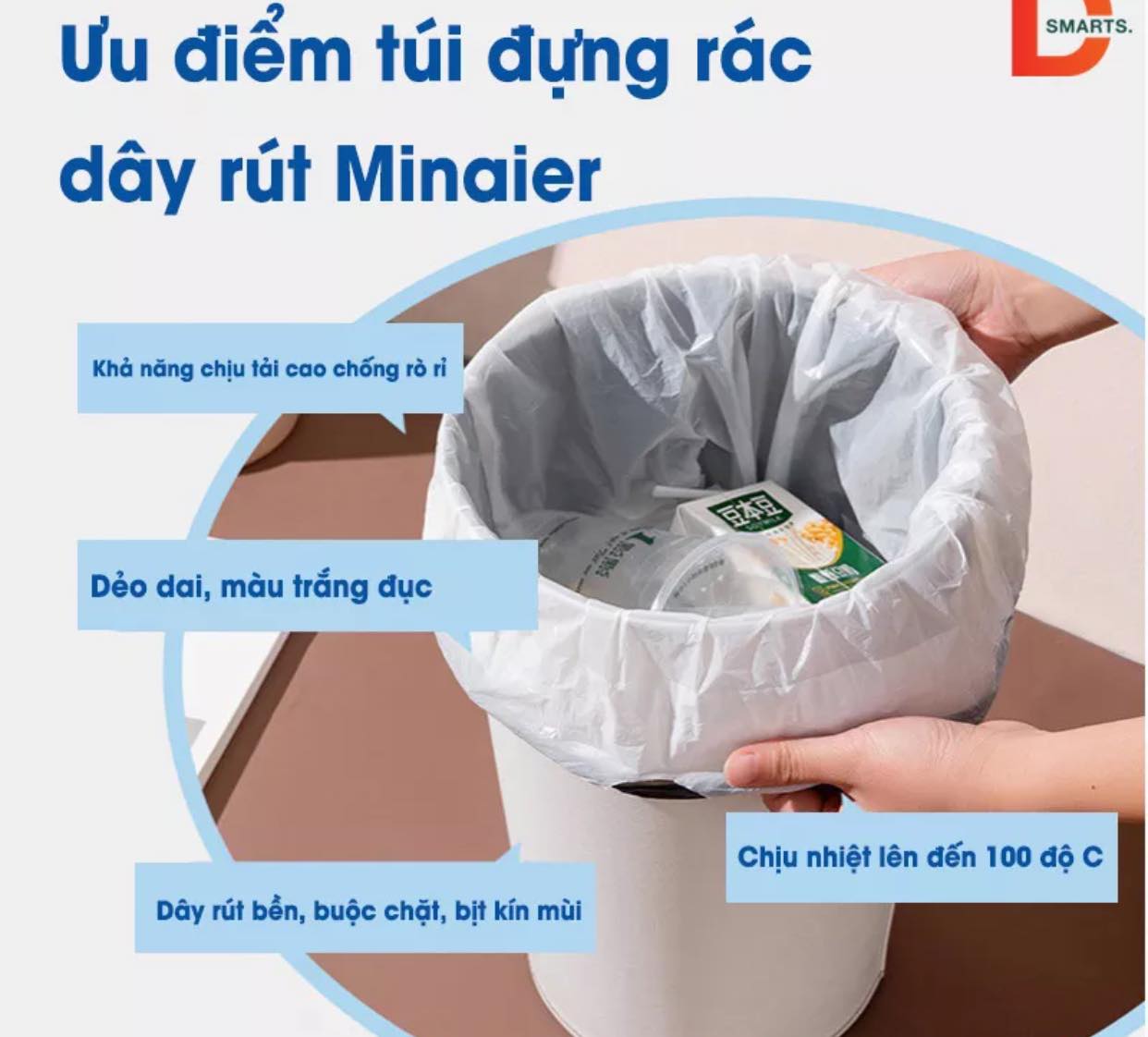 CUỘN 100 TÚI RÁC NHỰA DẺO CÓ DÂY RÚT, KHÔNG RÒ RỈ NƯỚC, KHÔNG SỢ BẨN TAY