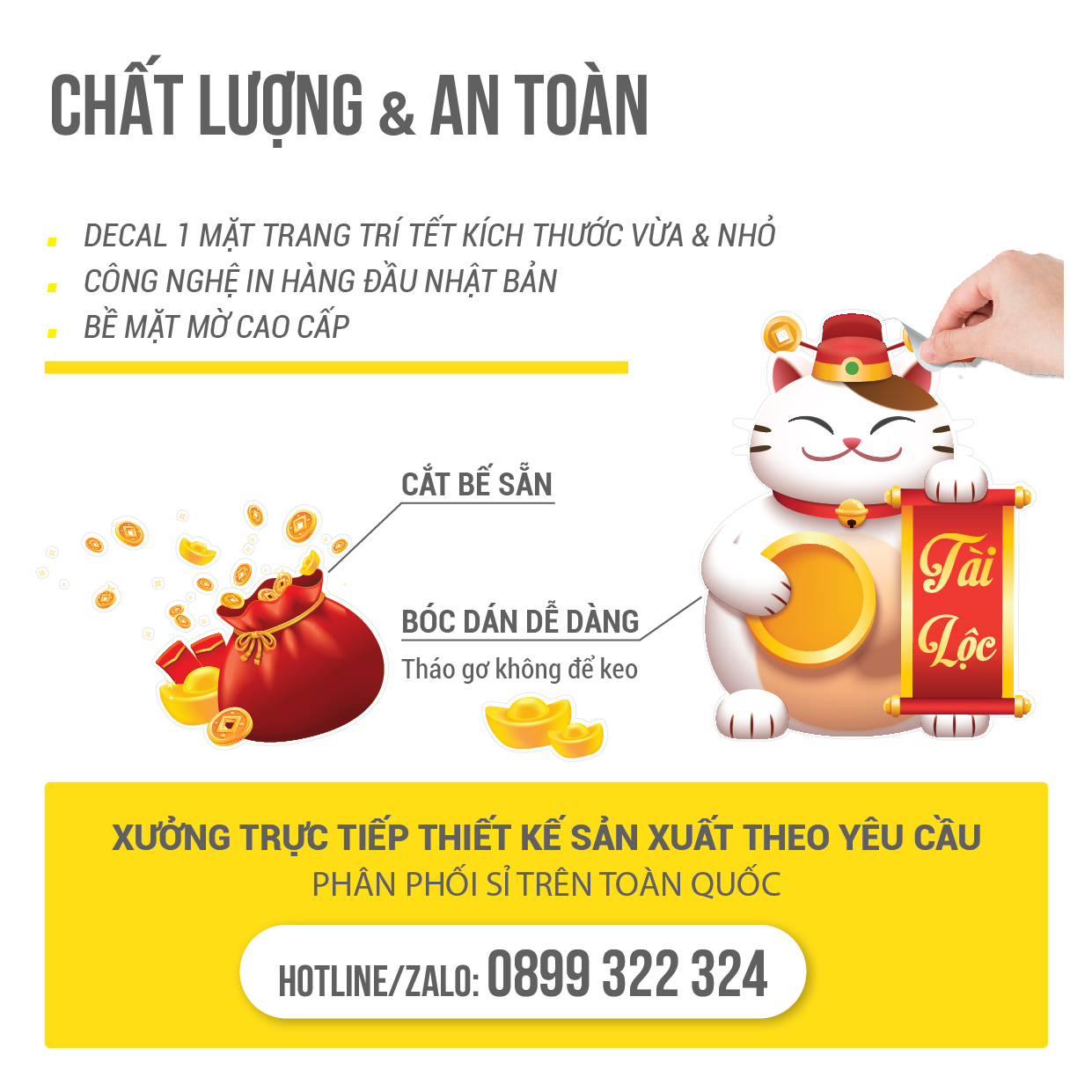 Decal Dán Kính Trang Trí Tết 2023 Họa Tiết Chú Mèo Cùng Túi Tài Lộc, Decal Dán Cửa Kính Combo Sản Phẩm, Combo DTH-A005