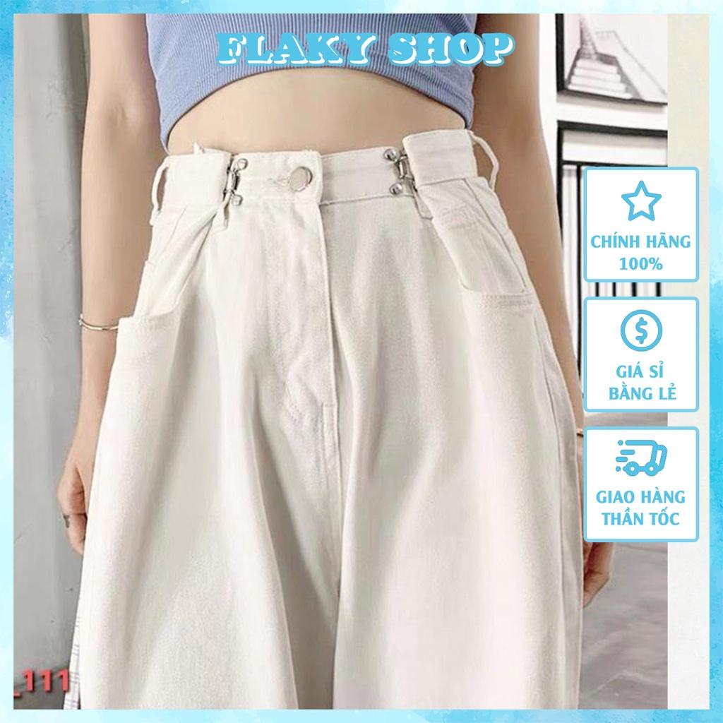 Quần jean nữ FLAKY SHOP cao cấp - Quần jean ống rộng dáng suông kèm khuy cài điều chỉnh eo (có sẵn)