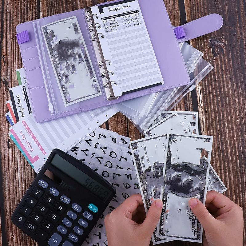 A6 PU Leather Binder Cover with 8PCS A6 Binder Pockets Good for Keep Cash Coupons Passport Tickets Notes Cards Purple