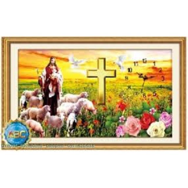 Tranh đính đá đồng hồ chúa kt 100x50 cm